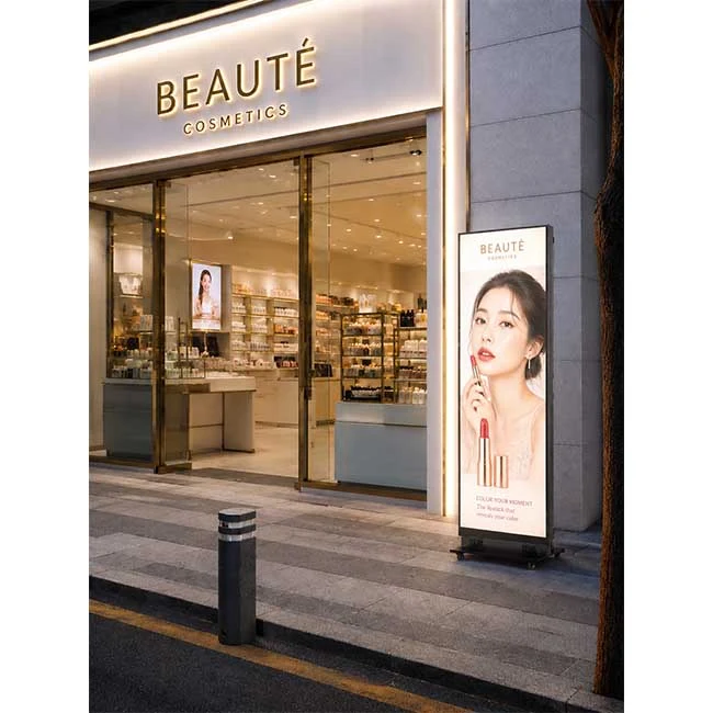 Outdoor vertical LED post application outside a cosmetics store
